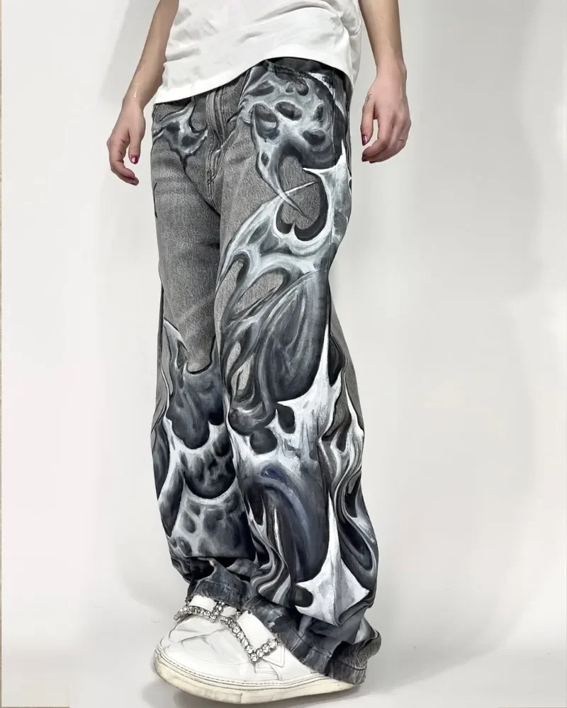 

Casual Loose Retro Flame Print Straight Trousers Jeans Men Y2k Goth Rock Punk Wash High Waist Oversized Wide-leg Pants Women
