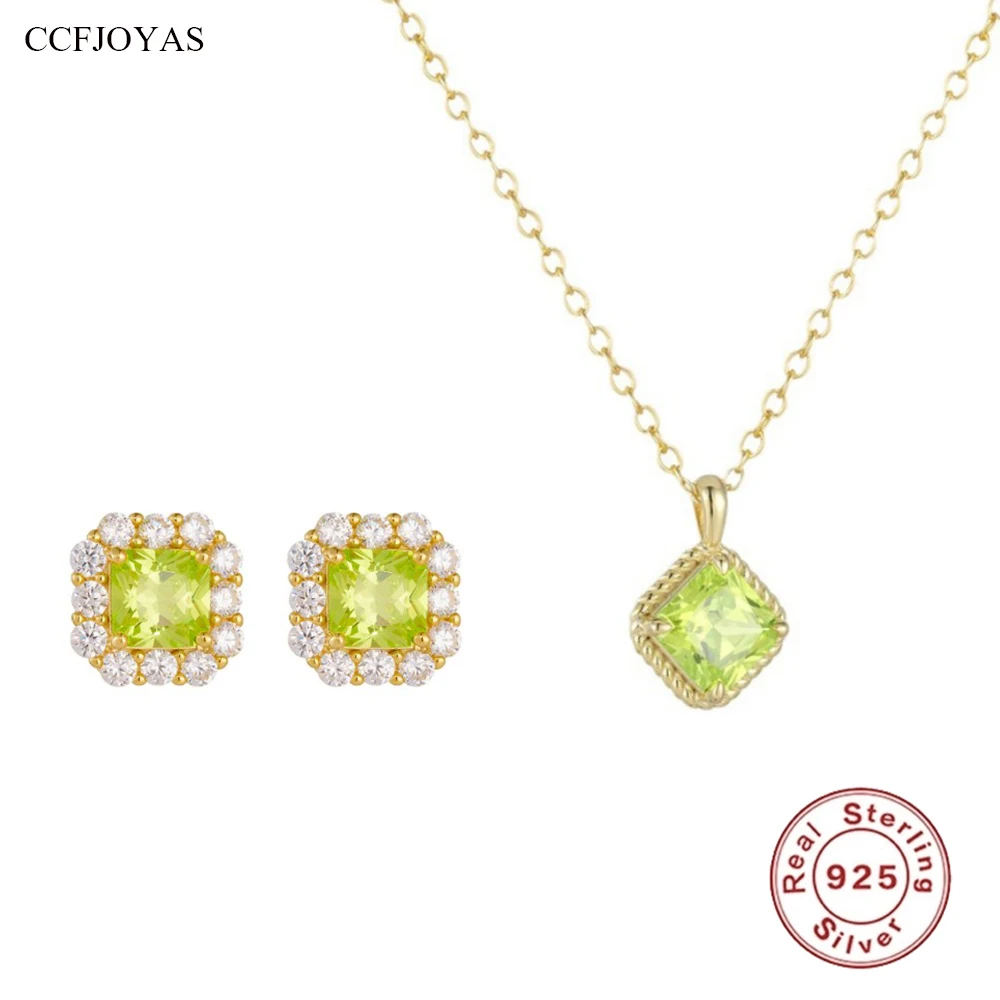 

CCFJOYAS100% 925 Sterling Silver Geometric Square Green Zircon Pendant Necklace/Earrings Set for Women Wedding Party Jewelry Set