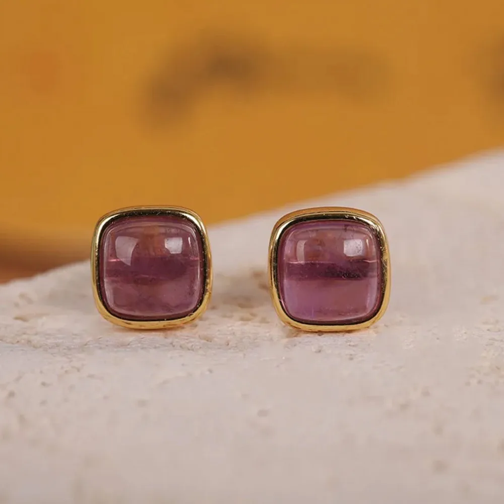 BOCAI NEW S925 Sterling Silver Jewelry Fashionable and Artistic Gold-plated Amethyst Square Diced Earrings Birthday Gift
