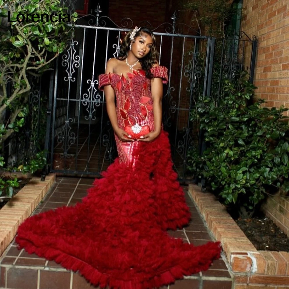 

Customized Sparkly Sexy Red Sequins Women's Prom Dress Crystal Beaded Ruffles High Slit Formal Party Gown Robe De Sorrie YPD297