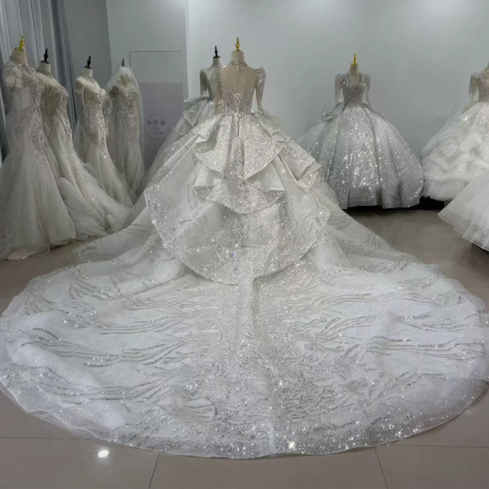 Gaun Pengantin Putri Lengan Panjang Kerah O Berenda dengan Lubang Kunci di Belakang, Hiasan Manik-Manik, Payet, Kristal, Gaun Bola Pengantin