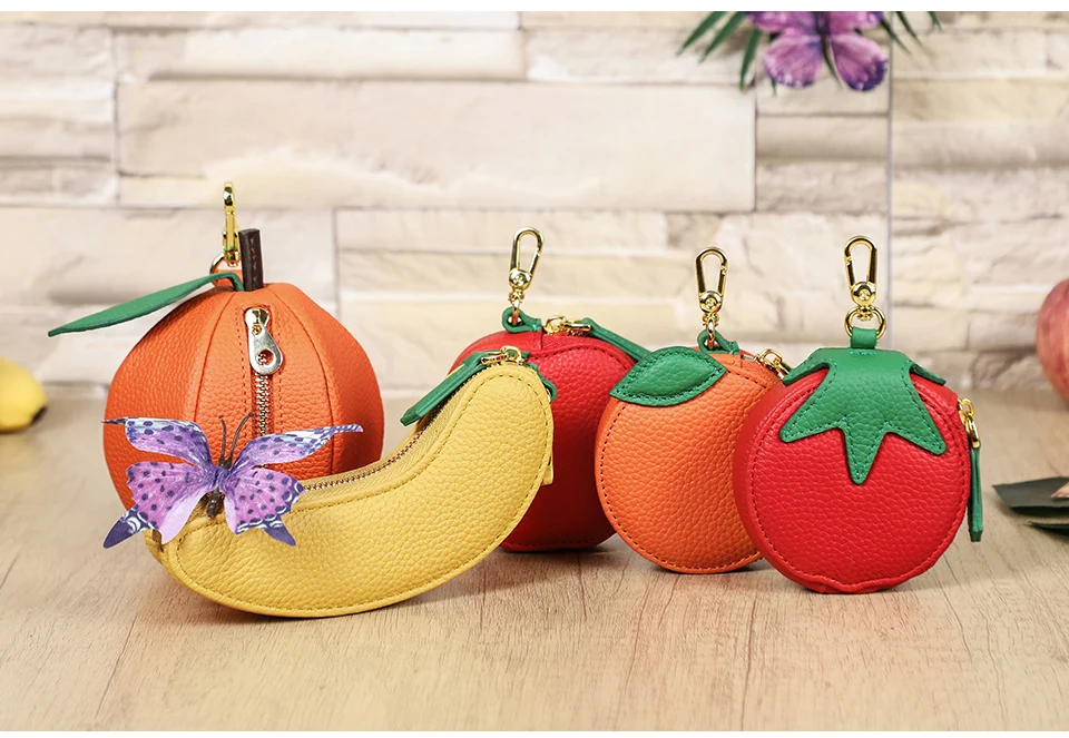 CONTACT'S Genuine Leather Bag Charm, Fruit Series Mini Pouch Keychain, Cute Handbag Pendant for Women, Female Small Item Holder