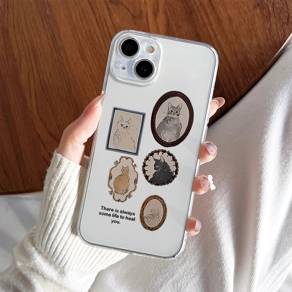 Retro Style Cat Mural Fashion Cartoon Phone Case For iPhone 11 13 16 15 14 12 Pro Max Plus Clear Transparent Soft Shell