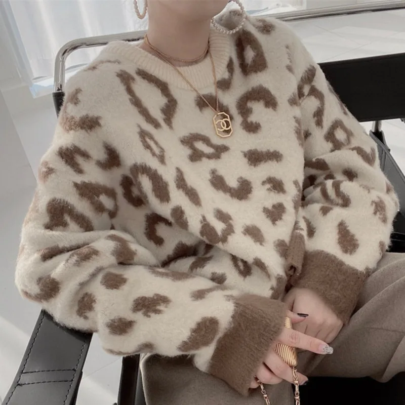 Korean Fashion Leopard Sweater Vintage Chic Kintted Pullover Winter Warm Thick Sweatshirt Women Casual Jumpers Streetwear