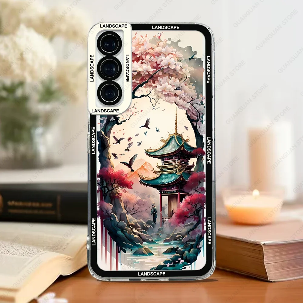 Case For Samsung Galaxy S20 S21 FE S22 S23 Ultra A13 A32 A33 A50 A52 A53 A73 A54 A14 Soft Cover Ink and Wash Landscape