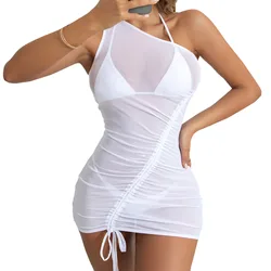 Women One Shoulder Sheer Beach Dress Drawstring Cover Up Mini Dress Beach Wrap Bikini Shiny Wraps Cover Ups For Swimwear Dress