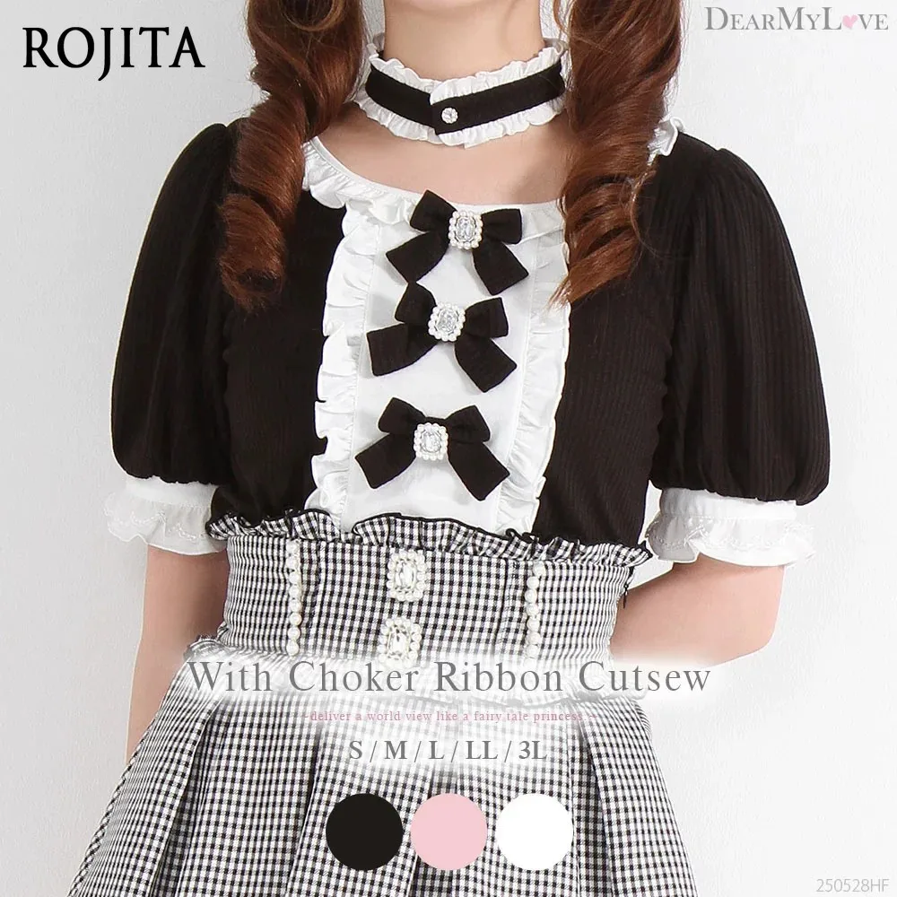 Sweet Lolita Blouse Black White Color Block Short Puff Sleeve Top Ruffle Frill Rhinestone Bow Decor with Choker Gothic T-shirt