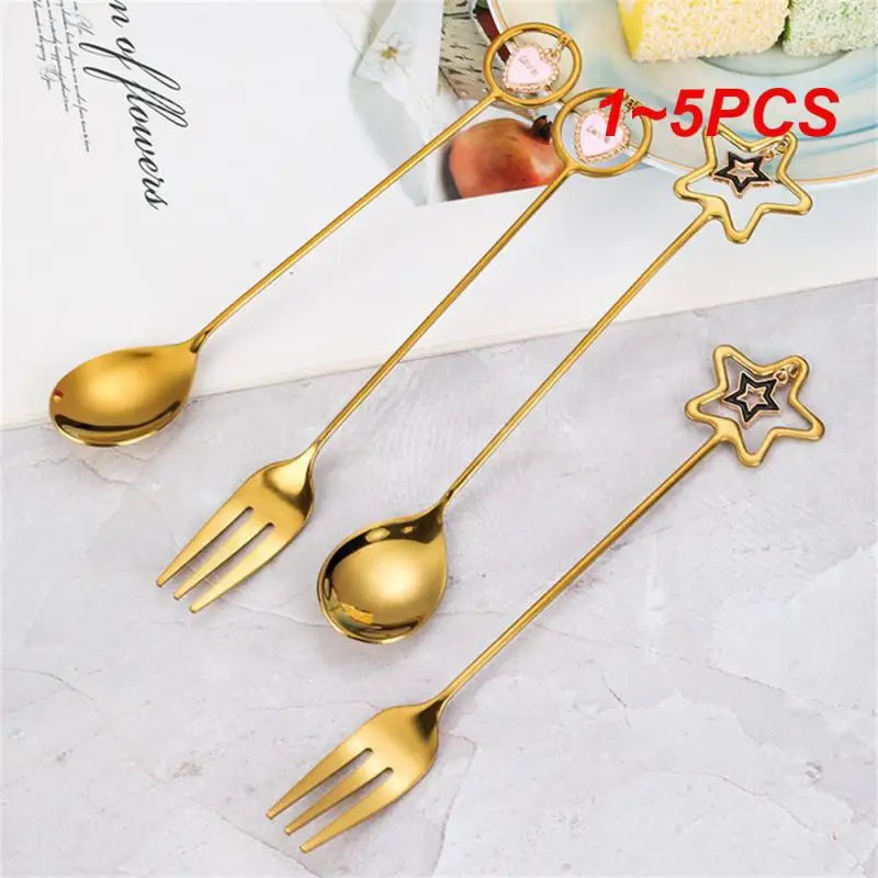 1~5PCS Stainless Steel Coffee Spoon Five-pointed Star Pendant Mixing Spoon Long Handle Mixing Spoon Fruit Fork Kitchen Tableware