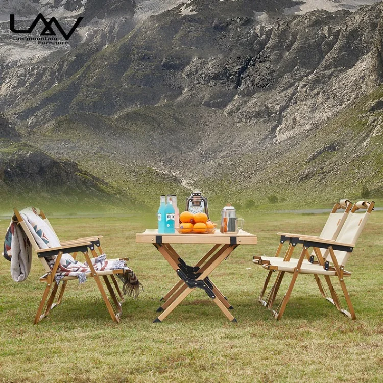 Outdoor furniture portable foldable egg roll round wooden picnic dinner table solid wood folding outdoor camping table