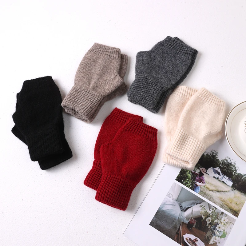 100-merino-wool-knitting-short-gloves-women's-half-finger-leaky-finger-gloves-autumn-winter-warm-fried-dough-twists-flat-gloves
