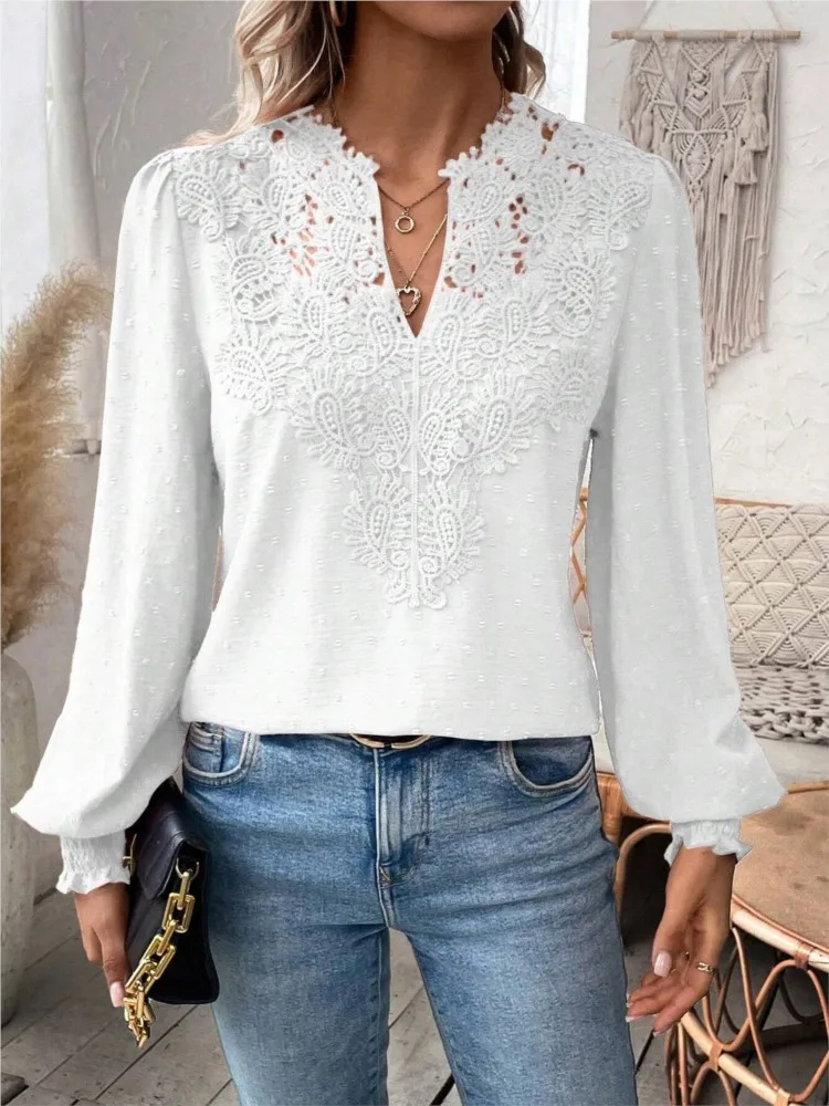 New Fashion Lace Solid Color V-neck Long Sleeve Shirt Casual Tops For Women 2024 Autumn Winter Elegant Office Lady Blouses Top