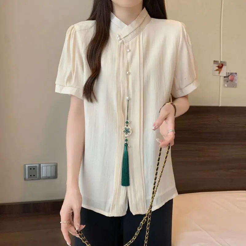 2025 New Pregnant Women Summer New Chinese Style Tassel Buckle Short Sleeved Chiffon Shirt Tang Style Chinese Style Top LH129