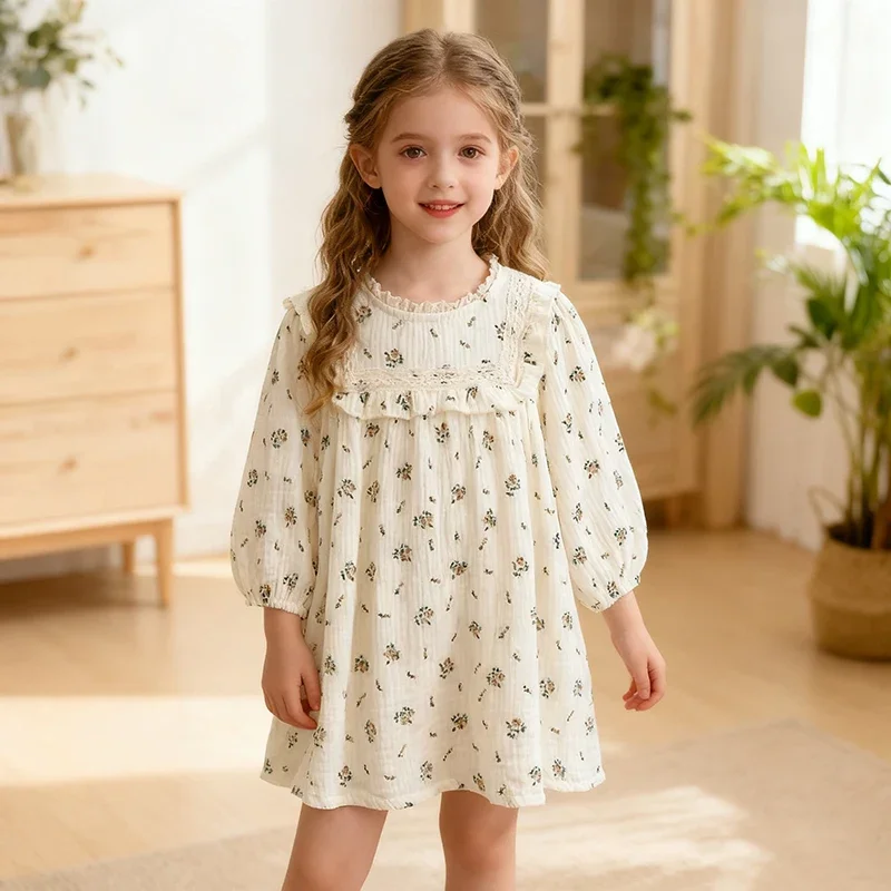 

Платье для девочек от 1 до 6 лет, кружевное хлопковое платье с цветочным принтом для девочек, осеннее новое платье с цветочным узором, новое милое детское платье принцессы с длинными рукавами