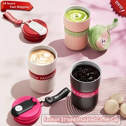 New 316 Stainless Steel Mug Ceramic Coated Liner Coffee Cup 450ML Portable Simple Stripes Couple Thermos Coffee Cup Water Bottle