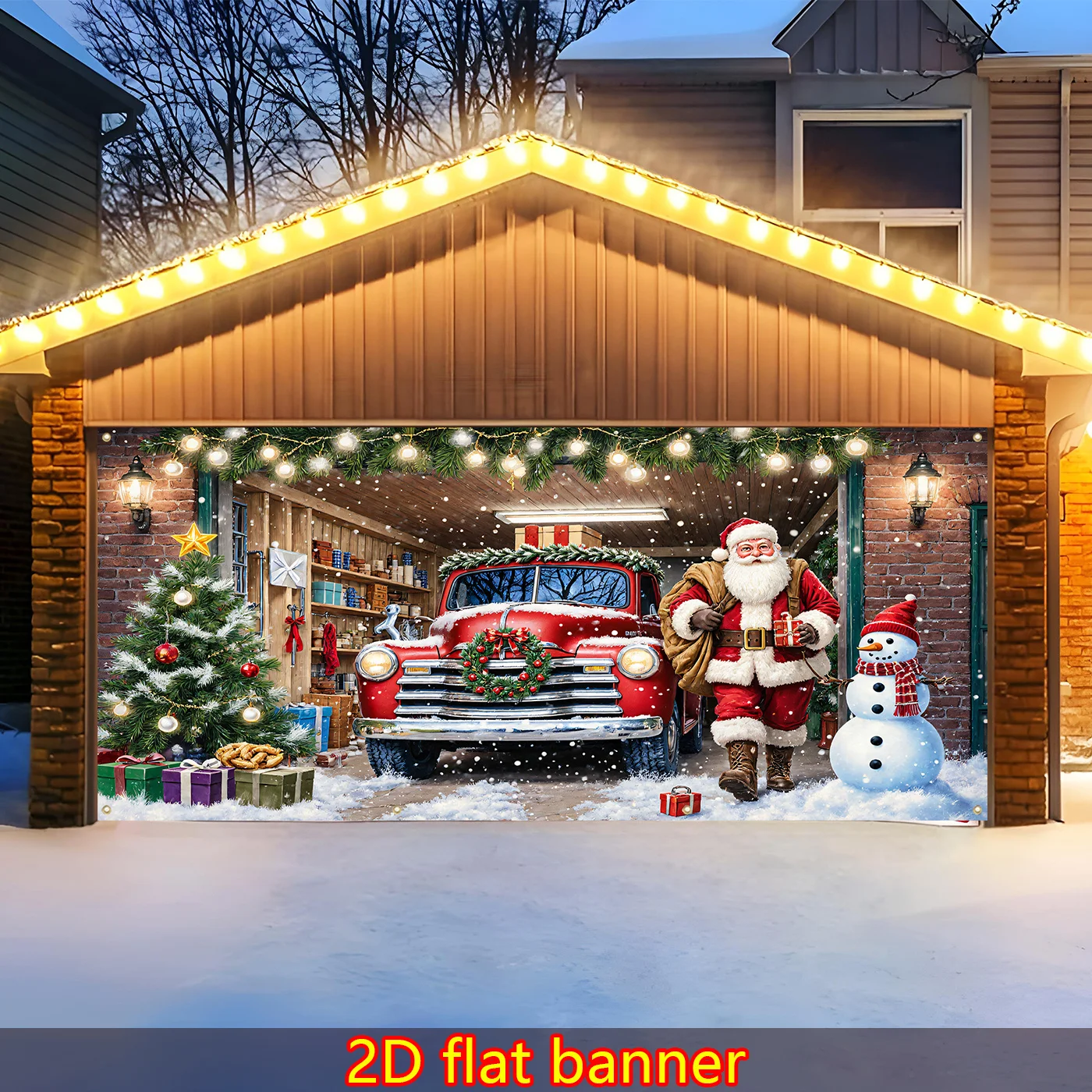 قطعة واحدة من لافتة عيد الميلاد لشاحنة كلاسيكية حمراء عملاقة، سانتا كلوز ورجل الثلج - ديكور باب خارجي/مرآب ثقيل، حفلة عيد الميلاد #3