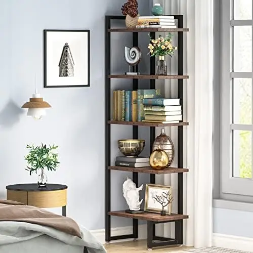 

Corner Stand, Industrial 5 Tier Wood Corner Bookshelf with Rectangle Board, Corner Rack Shelves Display Plant Flower, Stand La