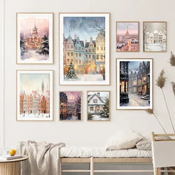 Romantic winter Snow at night in Paris Snow house Christmas tree Snowy city Fashion Wall Art Canvas Painting Nordic Poster Decor
