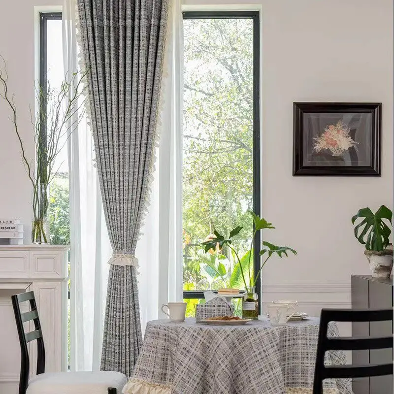 French Retro Plaid Linen Jacquard Blackout Curtains for Living Room Bedroom Customized French Window Partition Curtain
