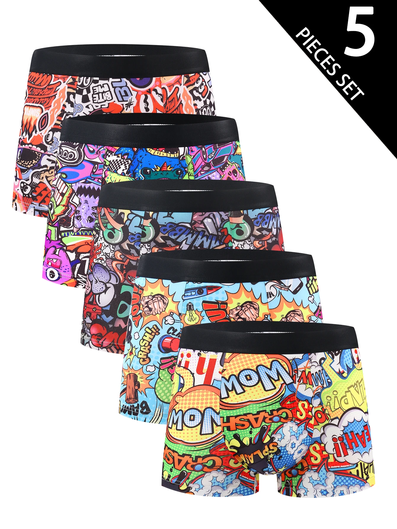 Men's Boxing Shorts 5 Pieces Set; Random Graffiti cartoon Print; Trend Christmas Pattern; Comfortable Boxing Shorts.
