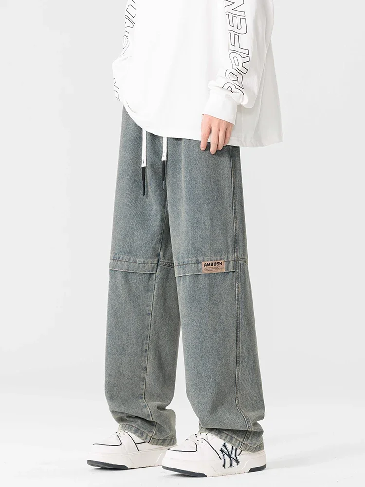 

Pop Spring Autumn Streetwear Vintage Jeans Men's Clothing Loose Straight Wide Denim Pants Casual Personalized Splicing Pants