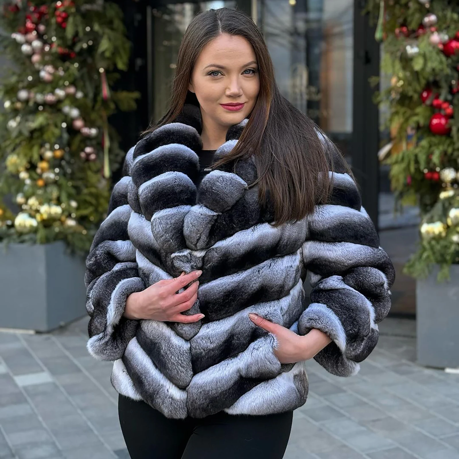 

Natural Fur Coats For Women Winter New Chinchilla Color Whole Skin Rex Rabbit Fur Jackets Turn-down Collar Trendy Fur Overcoat