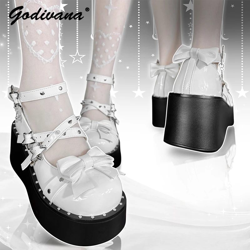 Original Lolita Punk Y2K Paltform Shoes Hot Girl New Spring Thick Bottom Round Head Pumps Women Cute Bow High Heels