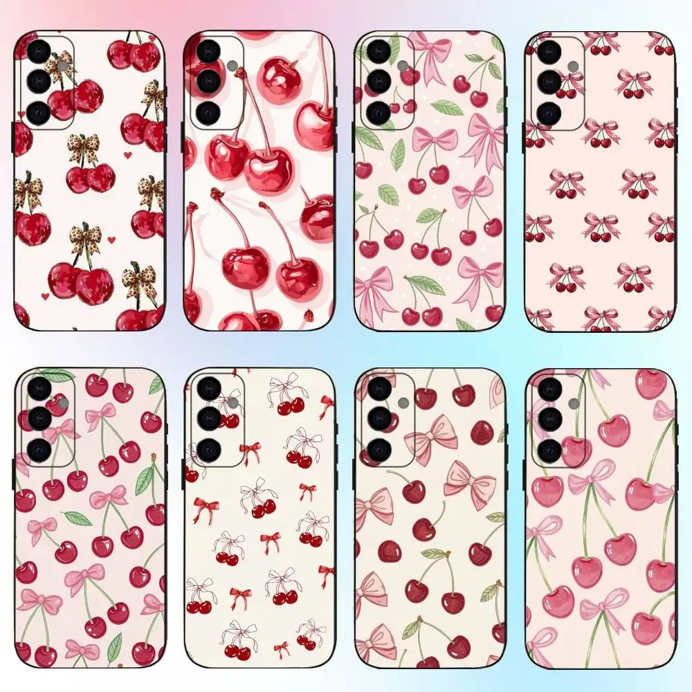 Cherry & Bow Pattern Phone Case For Samsung Galaxy A73,A72,A71,A70,A53,A52,A51,Others Soft Black Cover #1