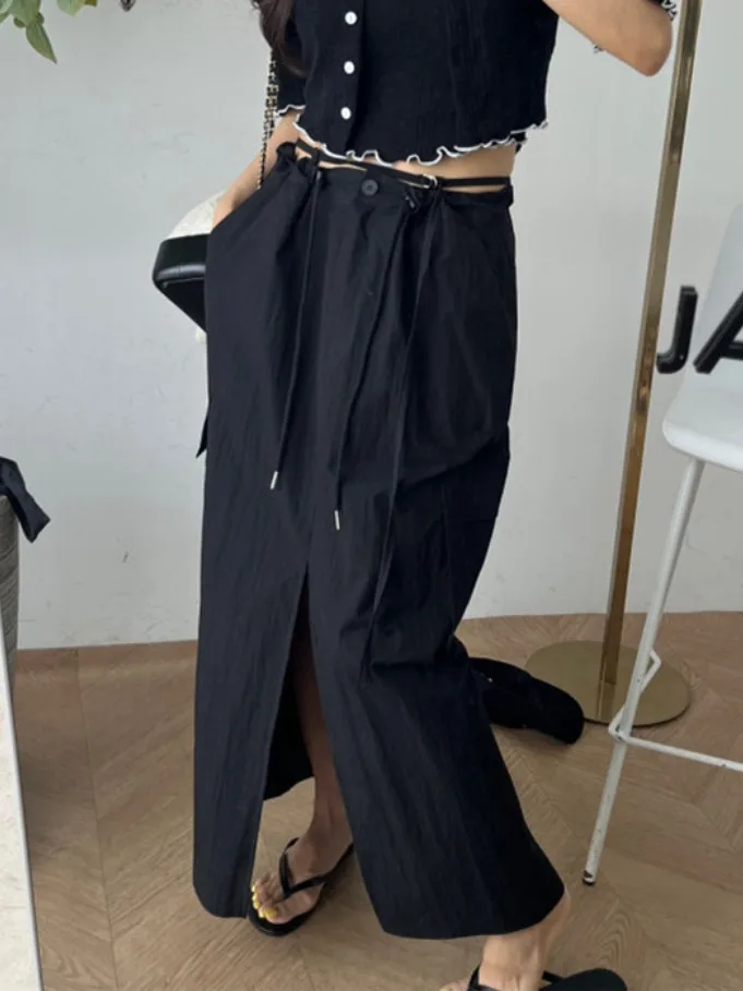 

Ele High Waist Workwear Skirt Long Dr Women's Sle Dstring ket Slit Design Versatile Faion Spring Season