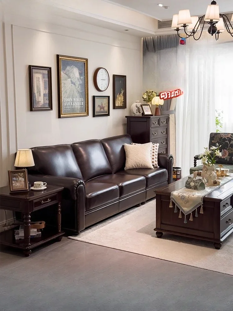 American retro leather sofa first layer cowhide medieval sofa small apartment