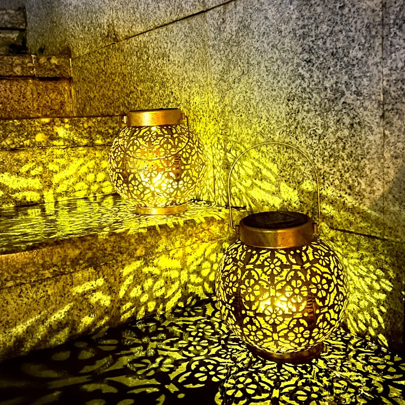 

Solar Iron Projection Lantern Outdoor Garden Hanging Light with Hollow Design for Courtyard Decoration Landscape Lighting