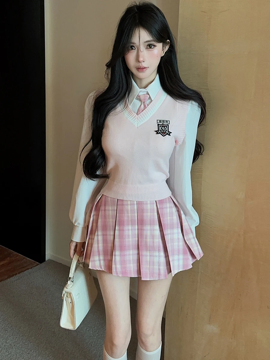 Korean Sweet School Style Pink Layered Short Skirt Set Vest White Shirt JK Uniform Plaid Pleated Skirt Women's Fashion Set