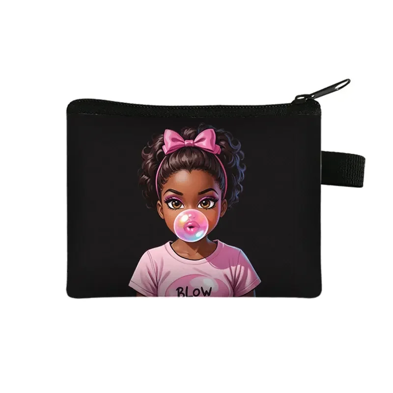 Monederos de dibujos animados africanos para niñas, billetera Afro negra para mujeres, auriculares, identificación, tarjeta de crédito, joyería, pendientes, dinero, bolsas de monedas, regalo