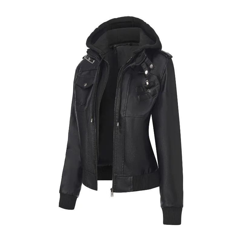 2026 Fashion PU Leather Jacket Women's Stand-Collar Moto&biker short Coat Spring Autumn Hooded Zipper-up Slim Casual Outerwear