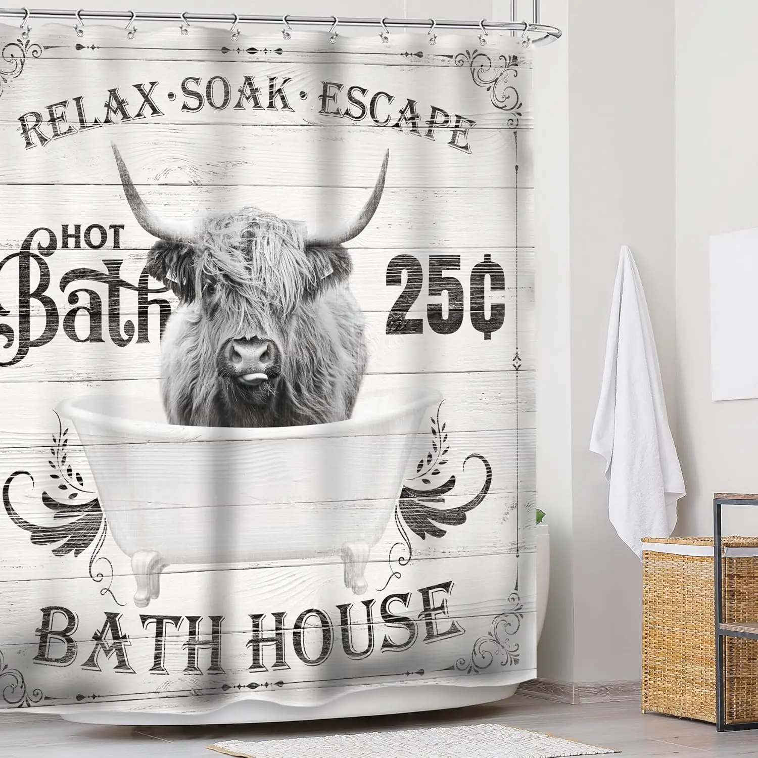 Highland Cow Shower Curtain Bull Farmhouse Western Cattle in Bathtub Bath Rustic Farm Wildlife Animal Barn Hilarious Wood Cute