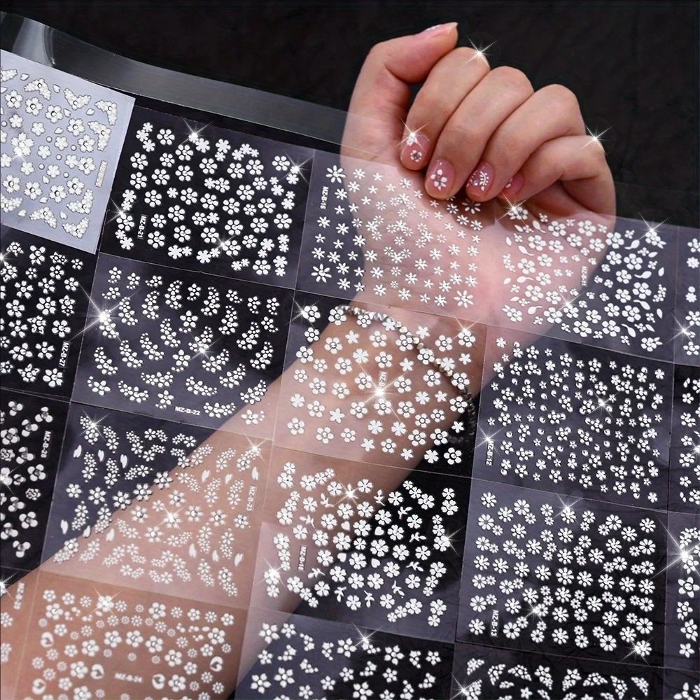30 Sheets Nail Stickers - Spring Floral Glitter Nail Decals, Self-Adhesive PVC Nail Art with Small White Flowers on Black
