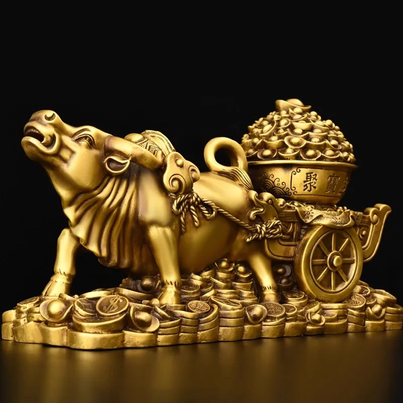 Pure Copper Ox Pulling Treasure Pot Statue Wealth Golden Ox with Cart Full of Gold Ingots, Chinese Zodiac Lucky Animal CraftGift