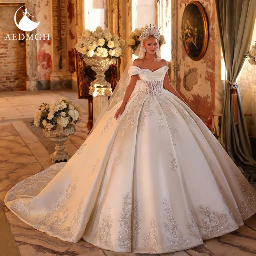 

Aedmgh Ball Gown Royal Wedding Dresses For Women Off The Shoulder Vestido De Novia Beaded Matte Satin Custom Made Bridal Gown