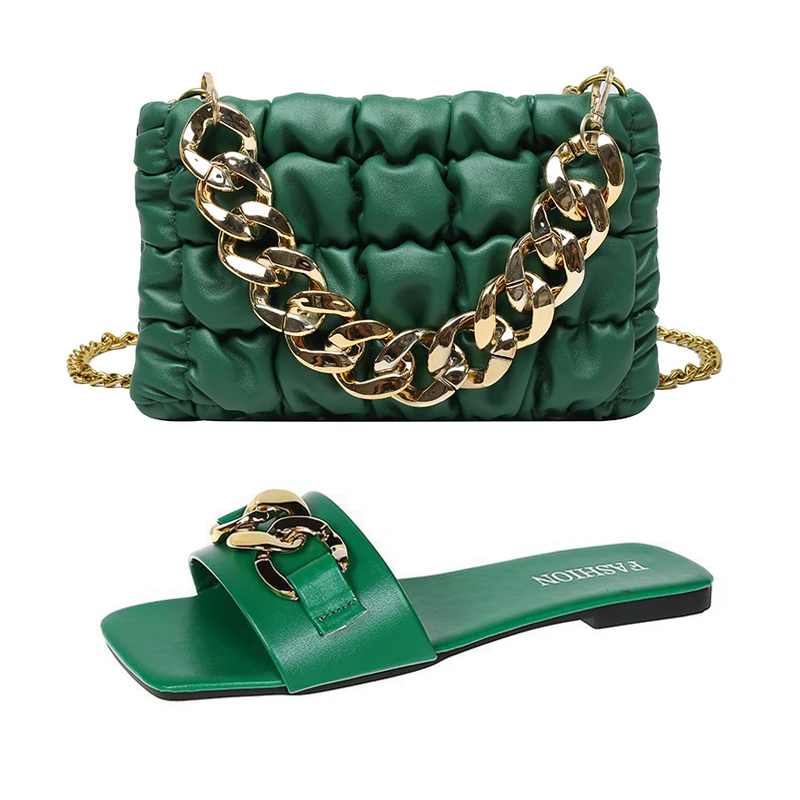 Summer New Square Head Chain Slippers Large Size Color Slippers Thick Chain Handheld Small Square Bag Set Flat Bottom Beach Shoe