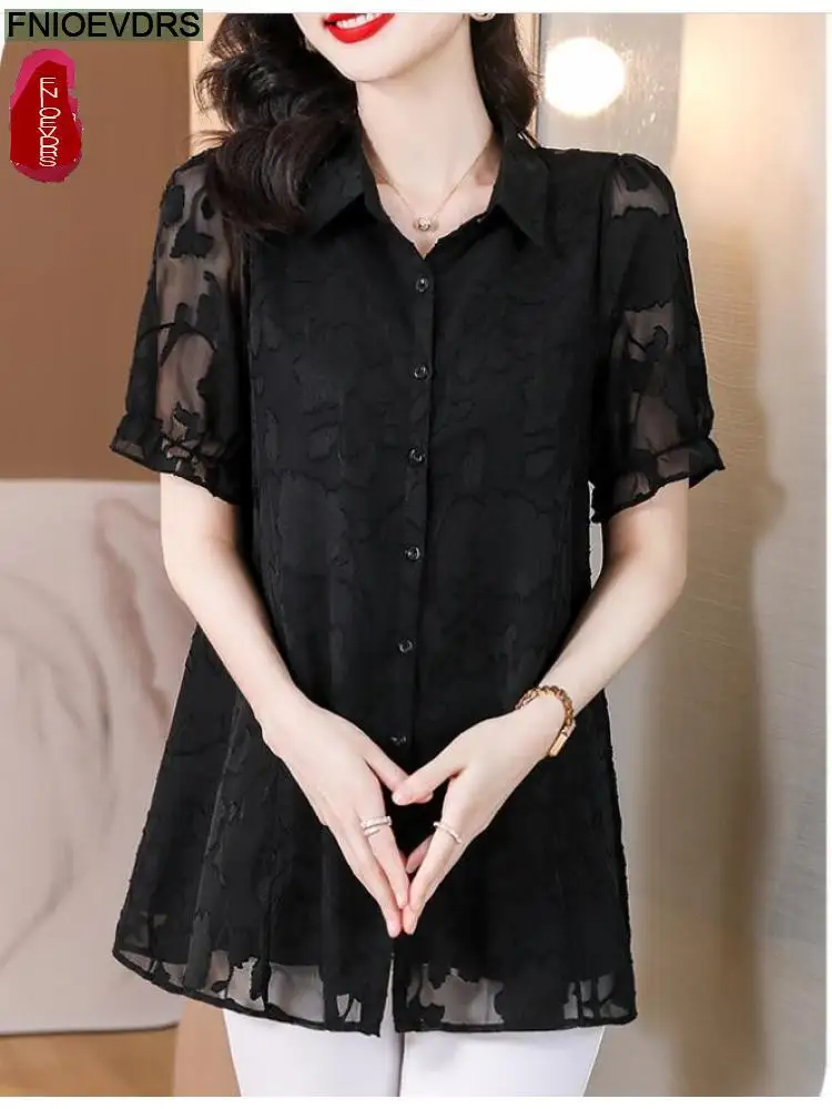 M-5XL 2023 Women Summer Short Sleeve Elegant Office Lady Work Button Shirt Casual Tunic Black Lace Tops And Blouses