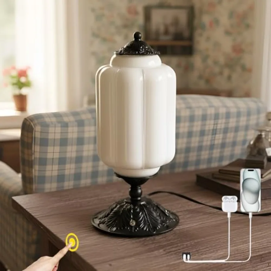 

Vintage Milk Glass Touch Table Lamp, Elegant Glass Bedside Desk Lamp 3 Way Dimmable with USB C+A Charging Ports - Bedroom Night