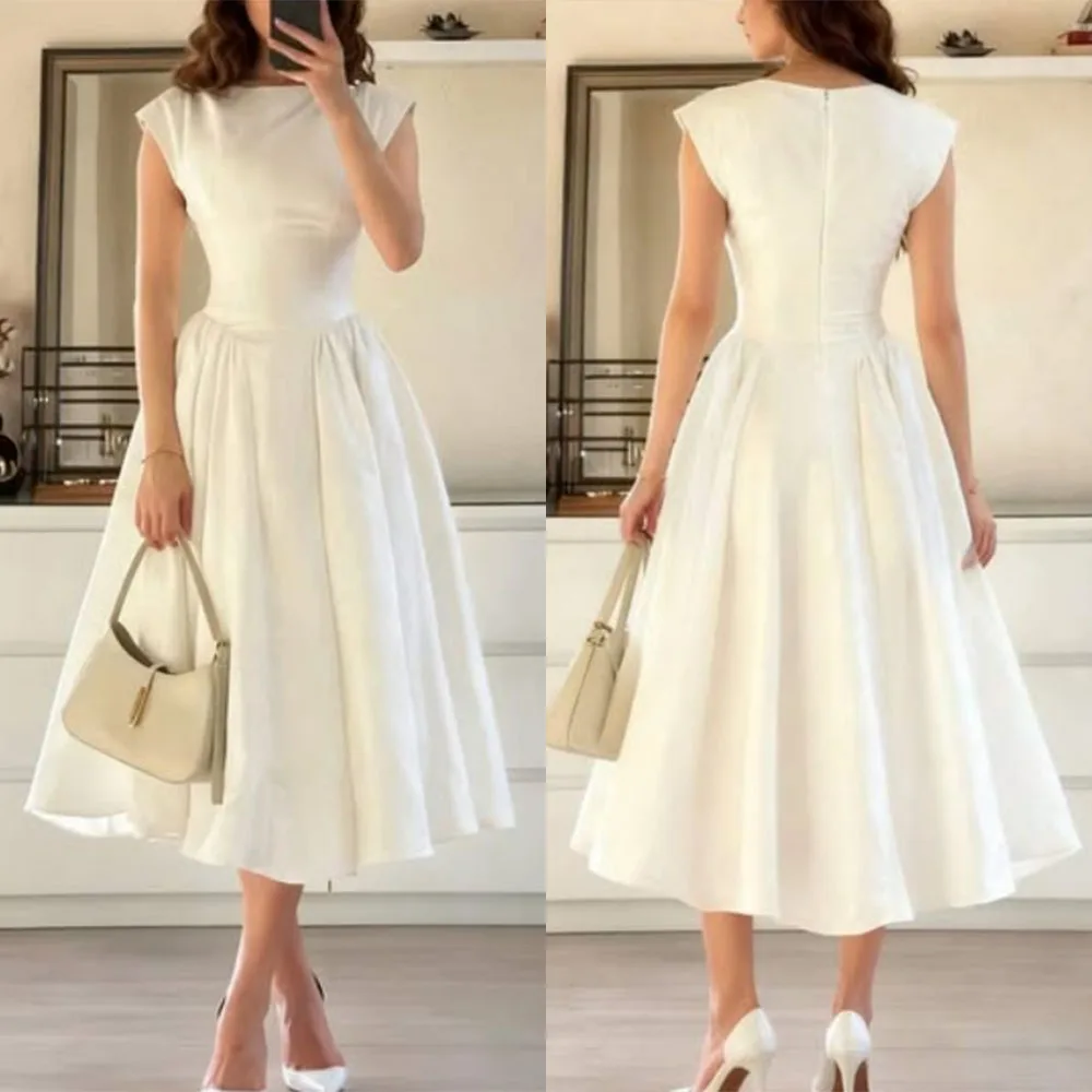 

High Quality Customized Tea Length White Long Dresses Sleeveless A-line Elegant Dress Women for Wedding Party Vestidos De Fiesta