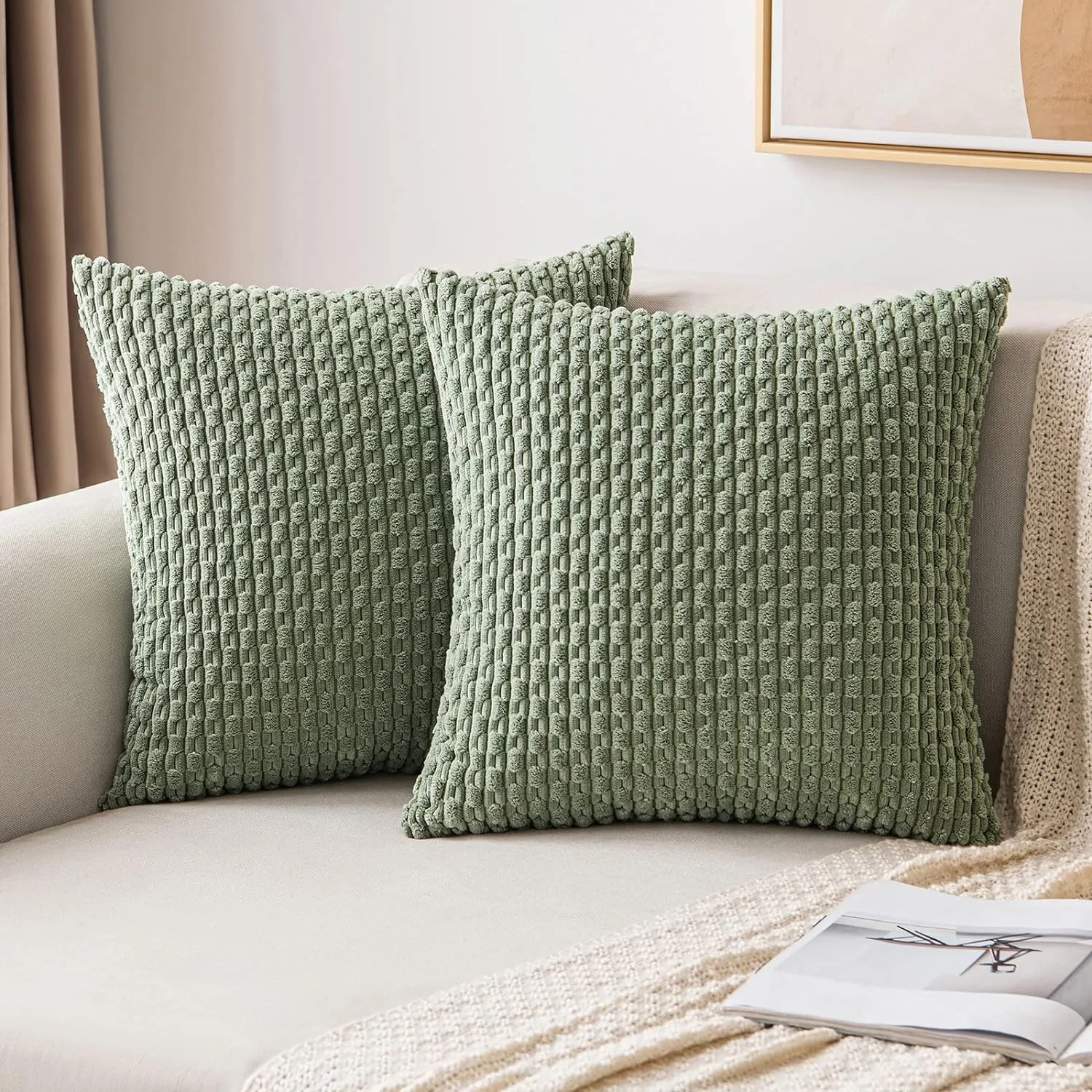 Spring Sage Green Decorative Throw Pillow Covers 18x18 Soft Corduroy Striped Square Pillow Covers for Couch Living Room Bed Sofa