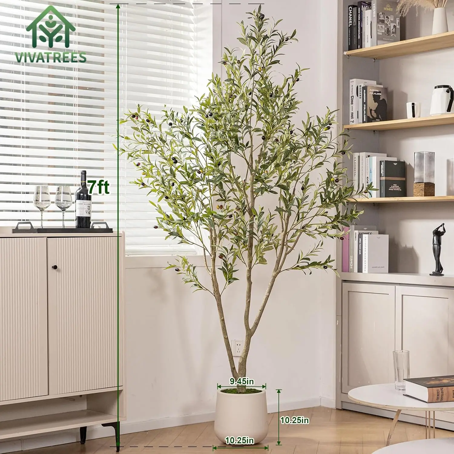 Olive Trees Artificial Indoor, 7FT Tall Faux Olive Tree with White Tall Planter, Artificial Plants with Natural Wood Trunk
