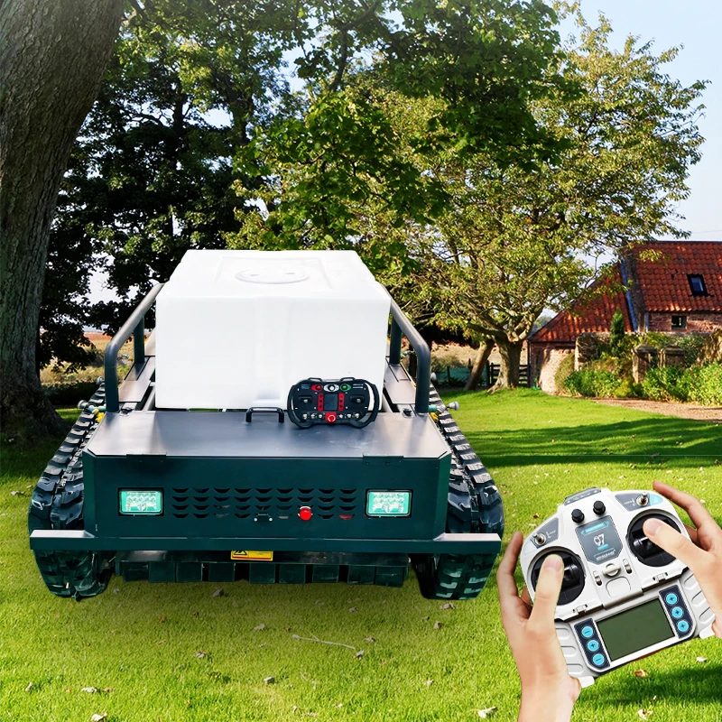 Remote control track mower with integrated pesticide sprayer for all-terrain use