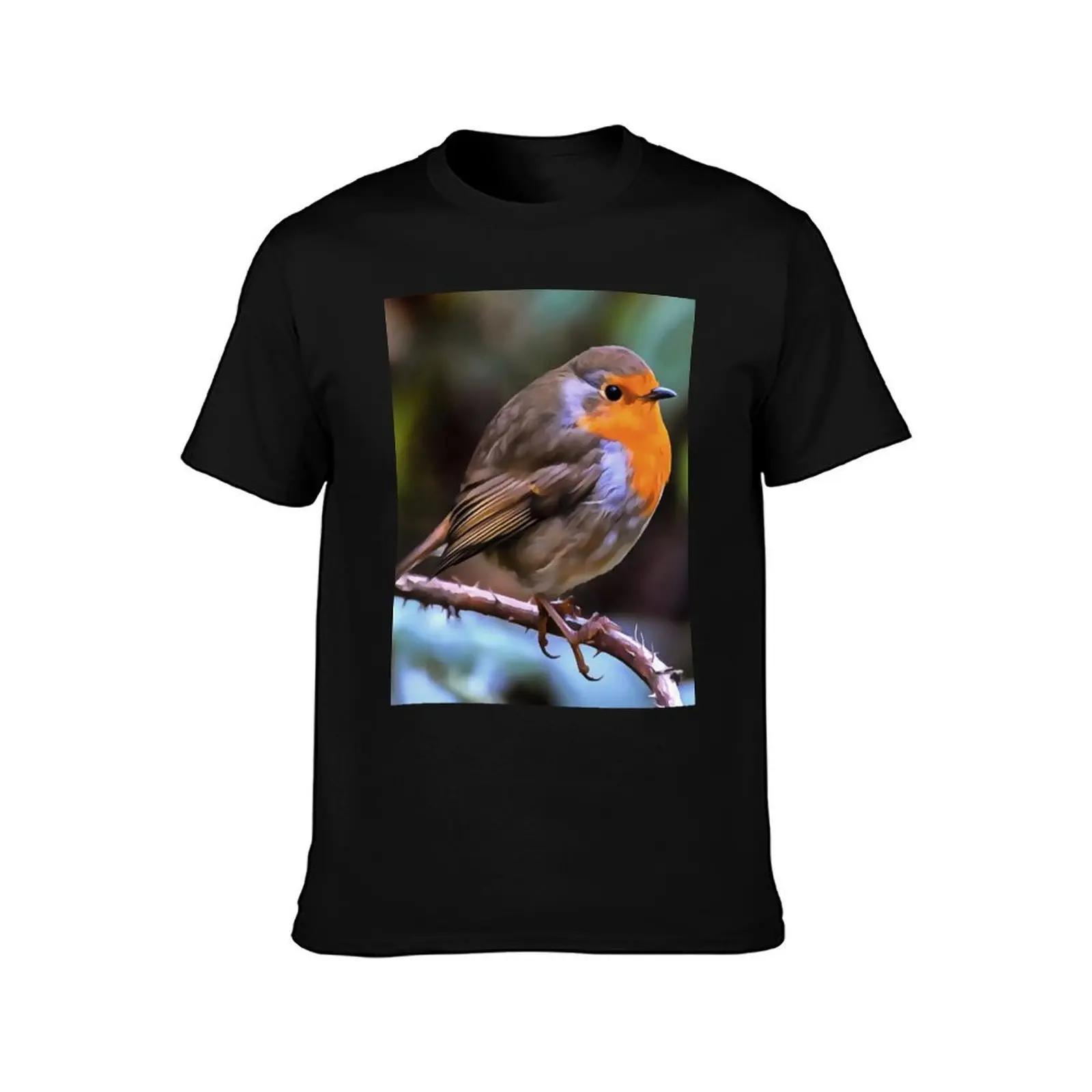Plump Robin Perched On A Branch Wildlife Art T-Shirt Cool Feeling Summer Tee Shirt