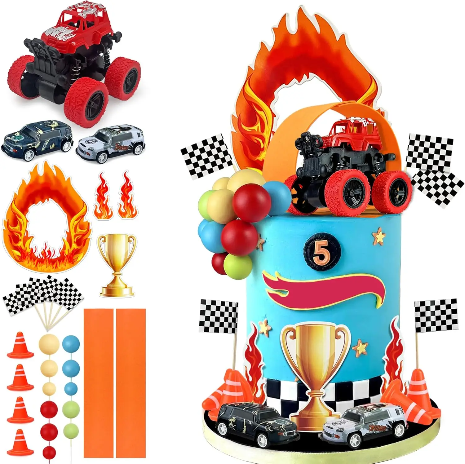 30 Uds. De decoraciones para pasteles de camiones, adornos para pasteles de coches de carreras para suministros de decoraciones para fiestas de coches de carreras temáticos de camiones