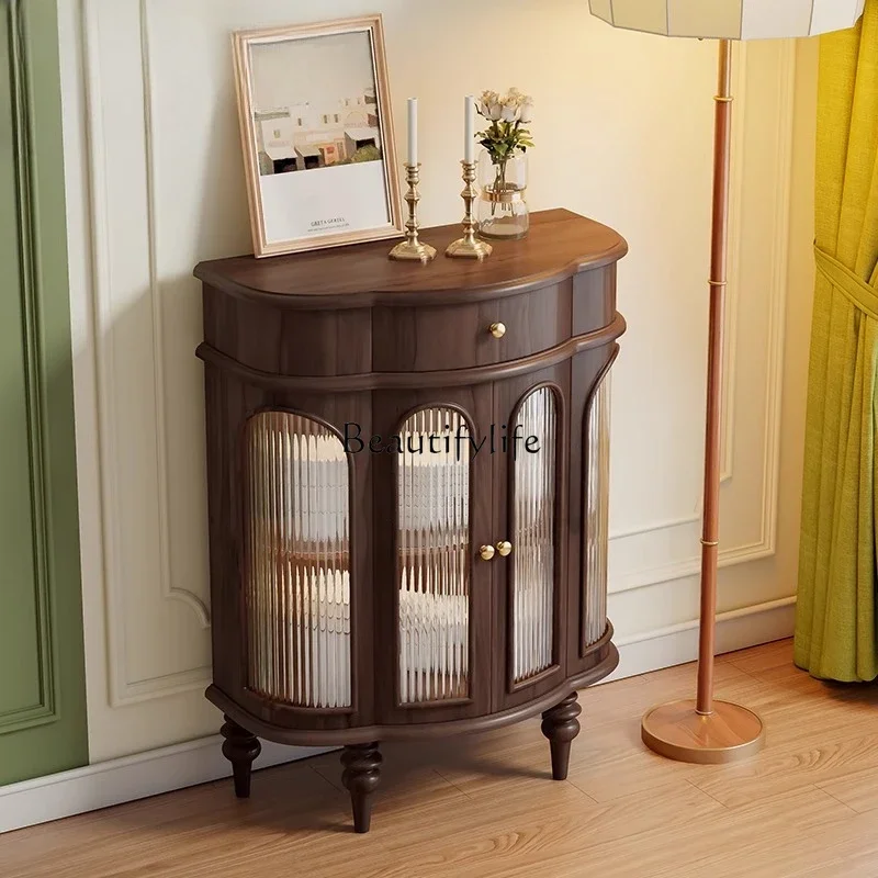 

pg46French medieval solid wood corridor entrance cabinet cream light luxury retro side cabinet