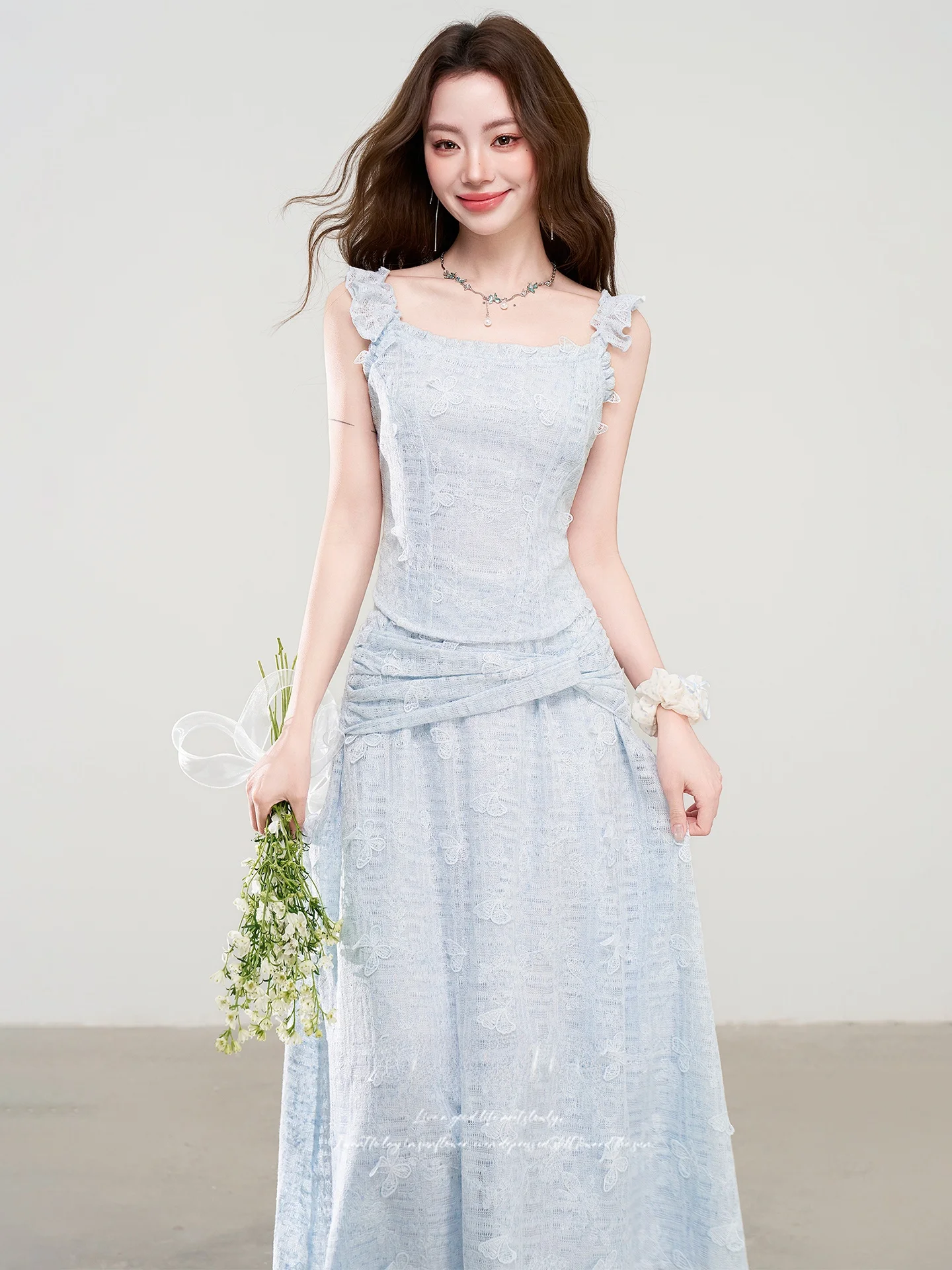 

Summer New Women's Halter Top Skirt Set High Waist Bicolor Casual Fashion French Style No Sleeve Square Collar Two-Piece Suit