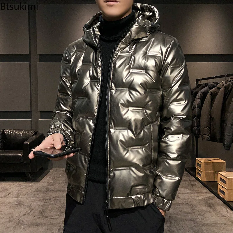 

Winter Men's Warm Down Jackets Fashion Bright Thicken Casual Parkas Korean Style Hooded Down Coats Men Windbreak Thermal Jackets
