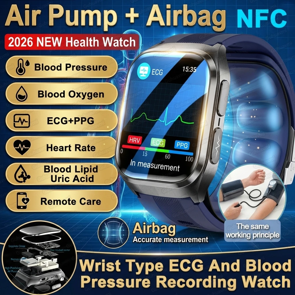 New ECG+PPG Nursing Grade Air Bag Smart Watch Men's Blood Fat Blood Pressure Voice Broadcast Health Smart Bracelet For Woman NFC